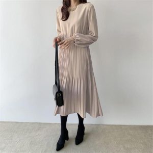 【値下げ】卒業式 母 服装 服ワンピース レディース プリーツワンピース 長袖 卒業式 入学式 通勤 ロング丈 Aラインワンピース 着痩せ フォーマルワンピース