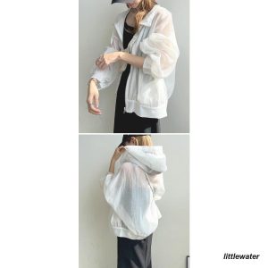【】シアーパーカー カーディガン レディース 夏 長袖 ゆったり シアー トップス ジップアップ パーカー フード付き 可愛い きれいめ 春 ブル