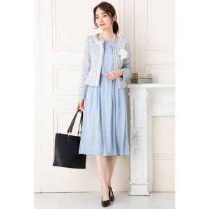 (SALE50) (5〜15号)カラーMIXツイード×シフォンジョーゼット2点セットスーツ(ジャケット＆ワンピース)(st)(hw)