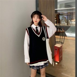 【タイムセール】一部! スクールベスト 女子 ニットベスト Vネック 学生 レディース 制服ベスト 高校生 中学生 無地 セーター 大きいサイズ 縁取り配色 可愛い